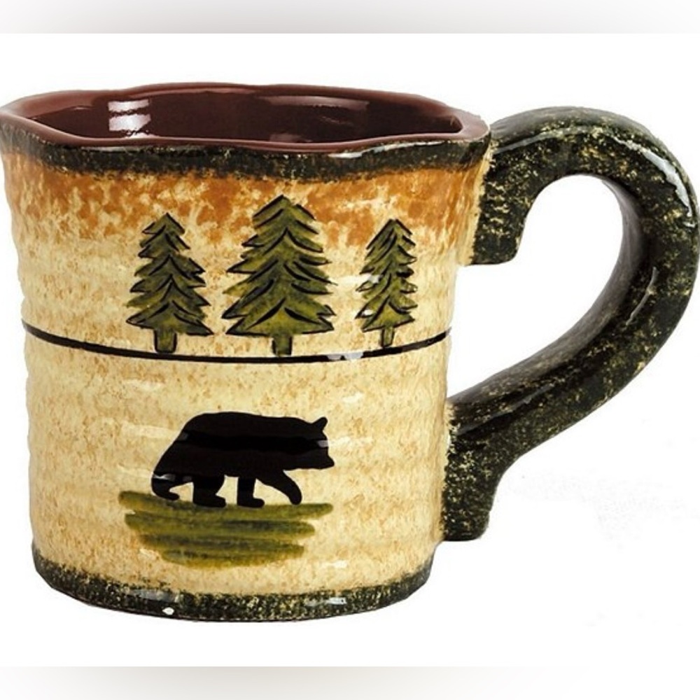 HIEND Accents set(2) Nature-Inspired Bear/Pine Tree Rustic Mugs Green/Black/Tan